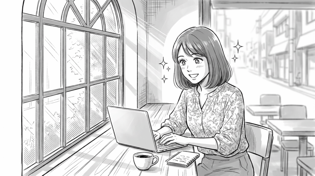 カフェでノートPCを開き、クライアントから継続契約のメールを確認して喜ぶ30代女性の線画イラスト
