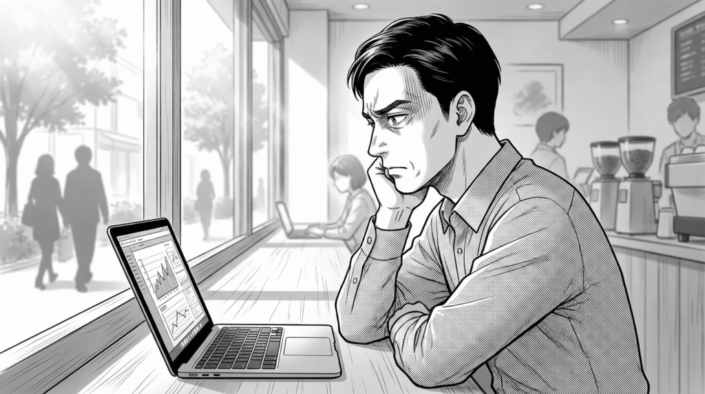 カフェでノートパソコンを見ながら悩む表情の男性の線画イラスト