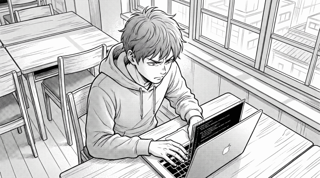 コワーキングスペースで、複雑なコードを書きながら集中している20代男性の線画イラスト