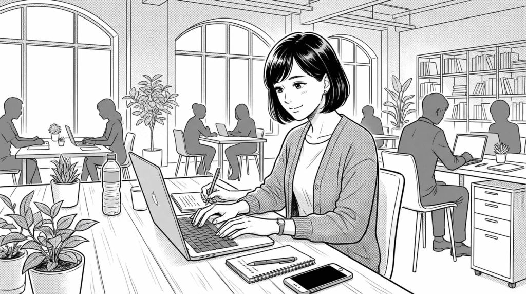 コワーキングスペースでノートを取りながら真剣な表情でコーディングする女性の線画イラスト