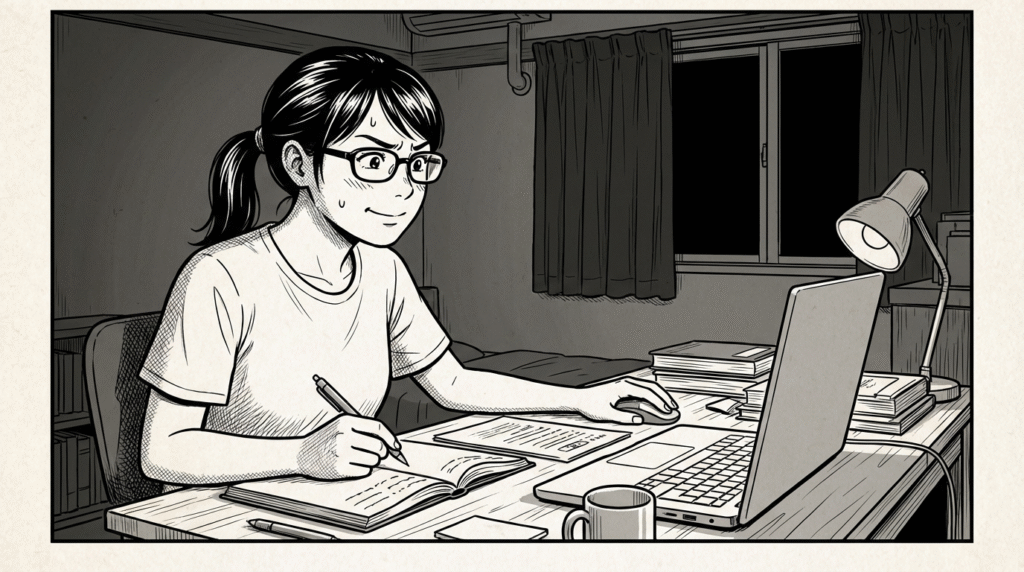 自宅のデスクで、Next.jsのドキュメントを読みながらメモを取る30代女性の線画イラスト