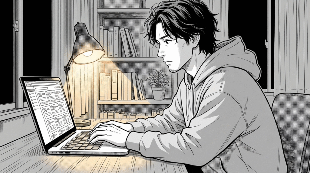 夜の自宅でノートパソコンの画面を見つめる集中した表情の男性の線画イラスト