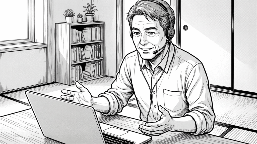 クライアントとオンラインでミーティング、画面共有しながら説明する40代男性の線画イラスト