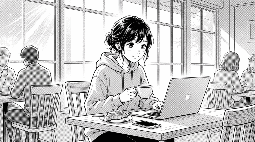 朝のカフェでコーヒーを飲みながらリラックスした表情でノートパソコンを操作する女性の線画イラスト