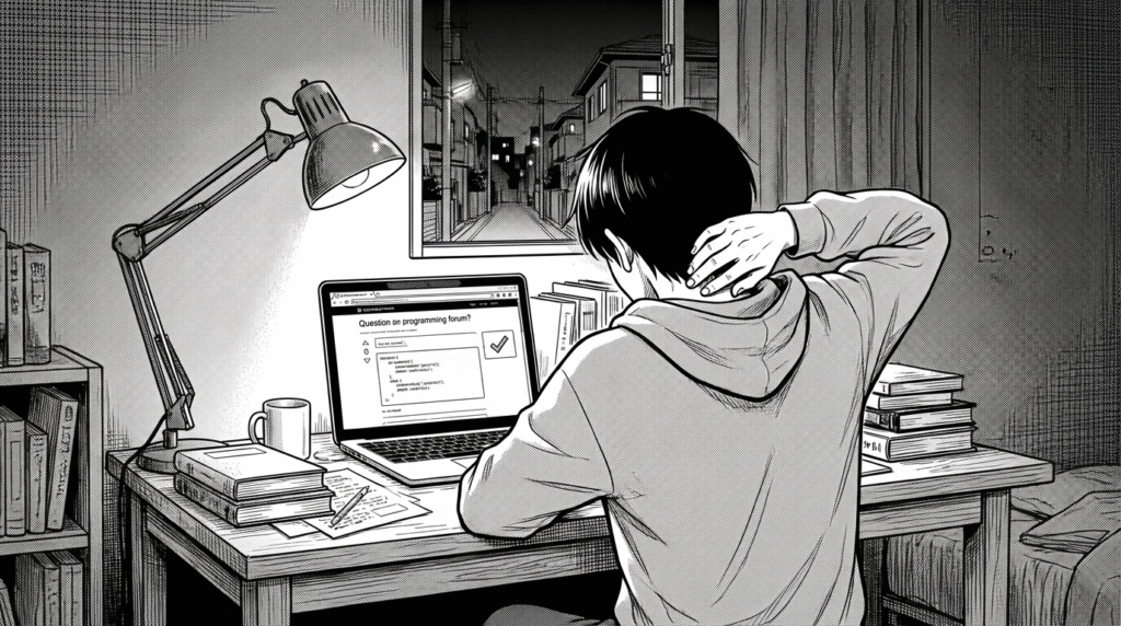 夜、自宅でエラーに悩みながらもスタックオーバーフローで解決策を見つけて安堵する表情の線画イラスト