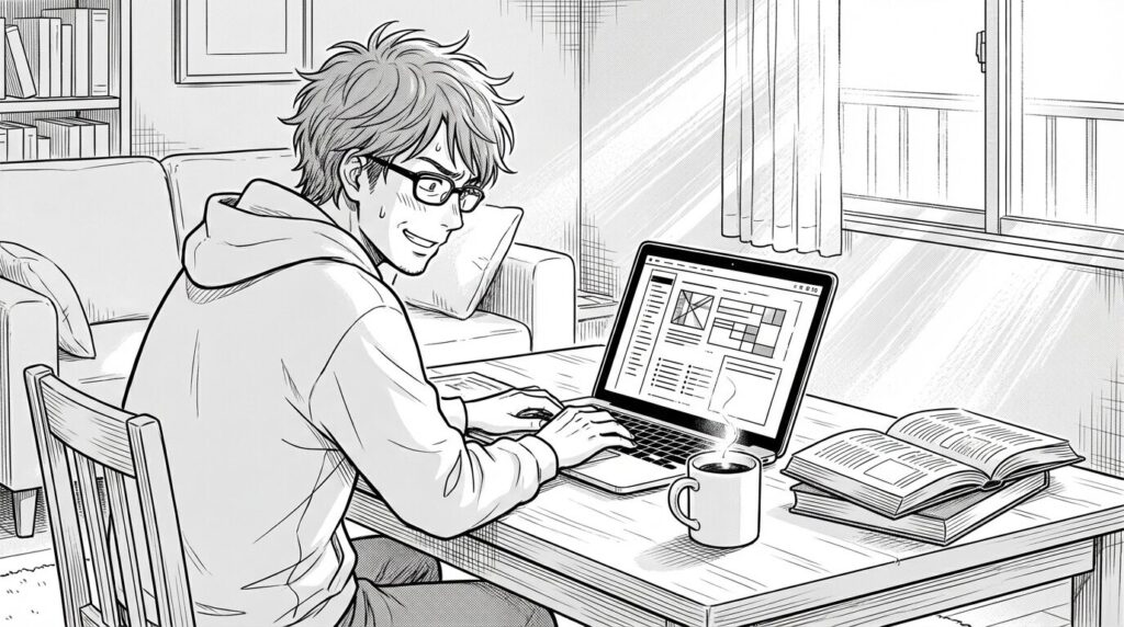 自宅でノートパソコンに向かってReact Nativeの学習を始める男性の線画イラスト