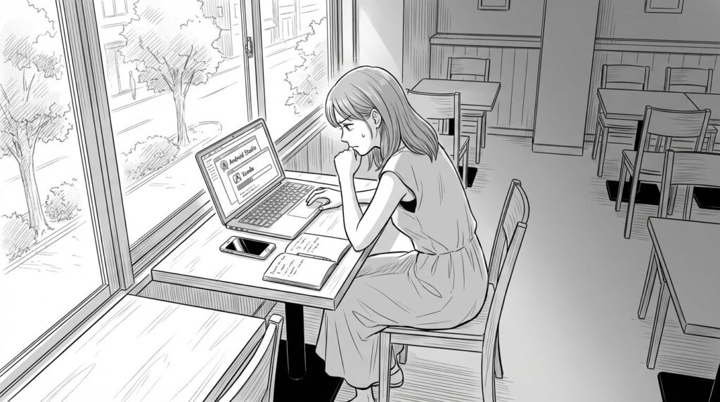 カフェで教材を見ながら環境構築に取り組む女性の線画イラスト