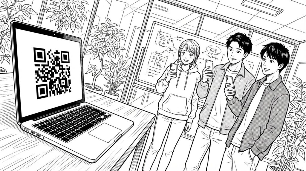パソコン画面に表示されたQRコードを仲間と一緒に読み取っている男女の線画イラスト