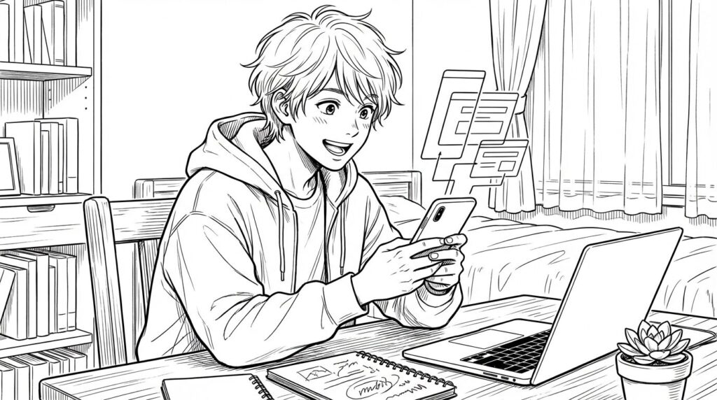 スマホ画面でReact Nativeアプリのナビゲーションを試す若いエンジニアの線画イラスト