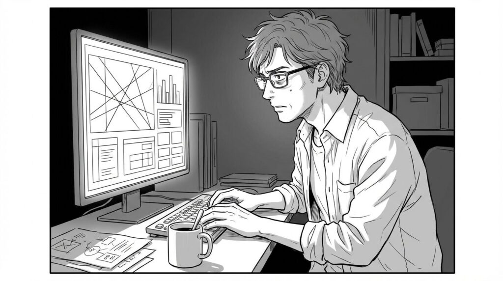 夜のデスクでデバッグツールを使いながらアプリをテストする中年男性の線画イラスト