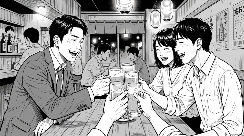 アプリリリースを終え仲間と笑顔で乾杯する男女の線画イラスト