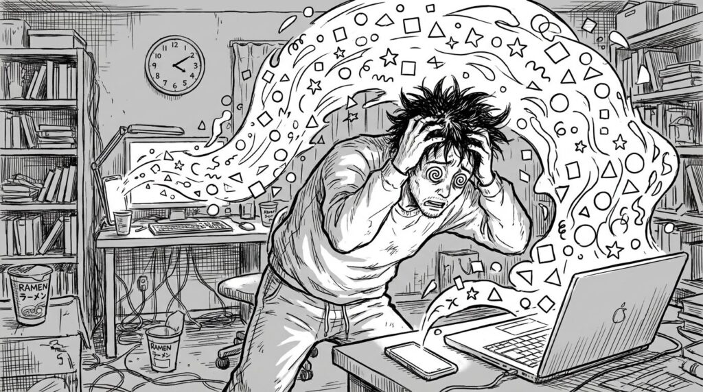 散らかった部屋でPCの通知音に囲まれてパニックになっているエンジニアの線画イラスト