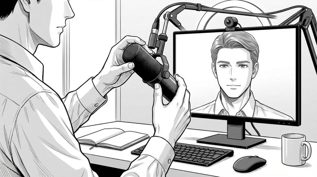 自宅のデスクで高画質カメラとマイクをセットし照明を調整してWeb会議の準備をしている男性の線画イラスト