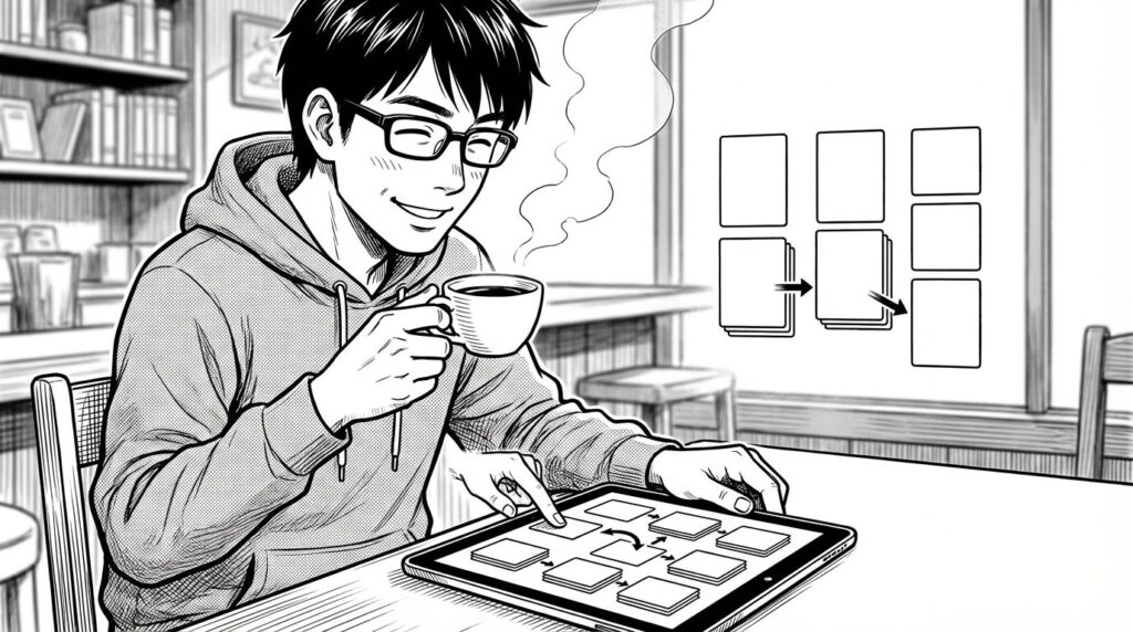 カフェでコーヒーを飲みながらiPadでNotionのタスク管理画面を確認し整理している男性の線画イラスト