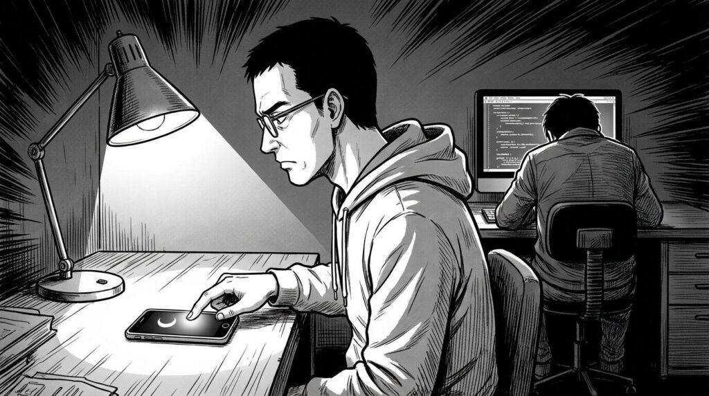 深夜の自宅作業中にスマホの通知設定画面を開きおやすみモードを設定して集中しようとしているシーンの線画イラスト