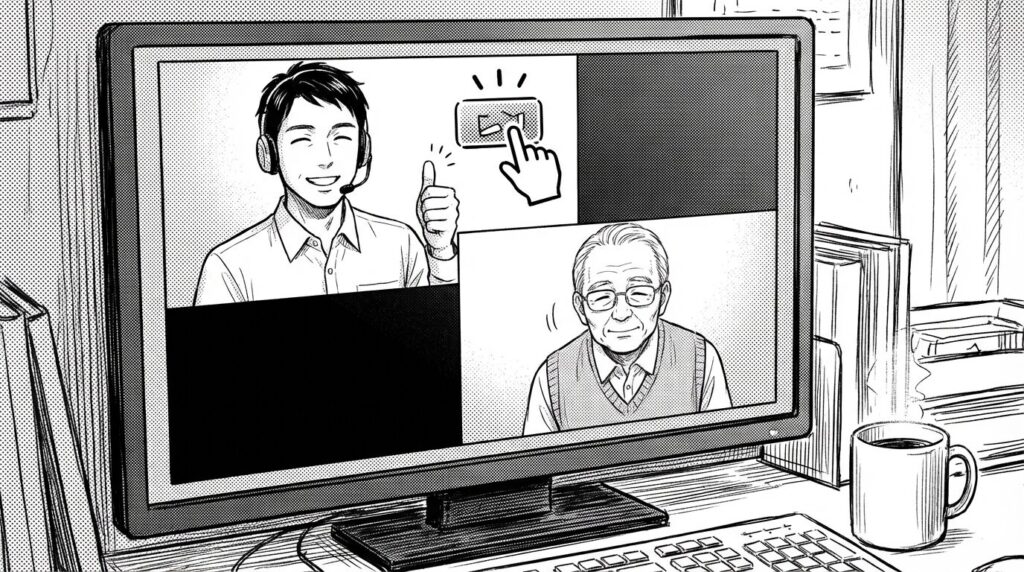 オンラインミーティングでクライアントの画面共有を見ながら優しく操作方法を教えているエンジニアの線画イラスト