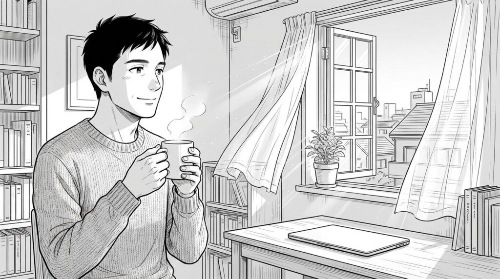 朝の光が差し込む部屋で整えられたデスクに向かいコーヒーを飲みながら穏やかな表情で仕事を開始する男性の線画イラスト