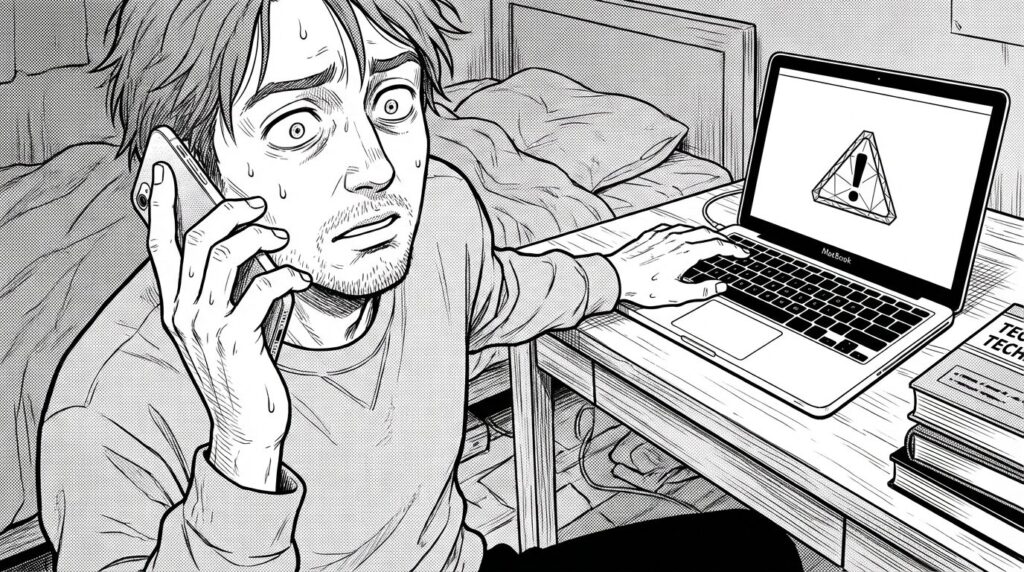 日曜日の朝、スマホを耳に当てながら焦った表情でPCを開き、画面上の崩れたサイトを確認しているエンジニアの線画イラスト