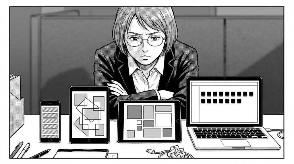 複数の異なるサイズの端末（スマホ、タブレット、PC）を机に並べて、それぞれの表示を見比べながら悩んでいる様子の線画イラスト