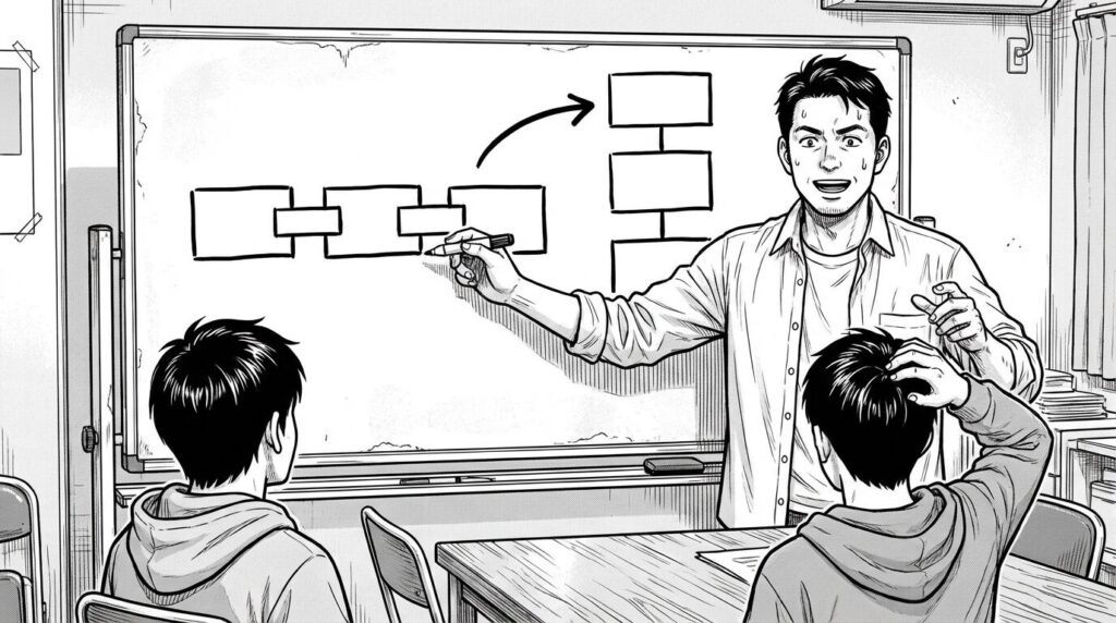 ホワイトボードを使って、FlexboxとGridのレイアウト変更の仕組みを図解しながら後輩に説明している様子の線画イラスト