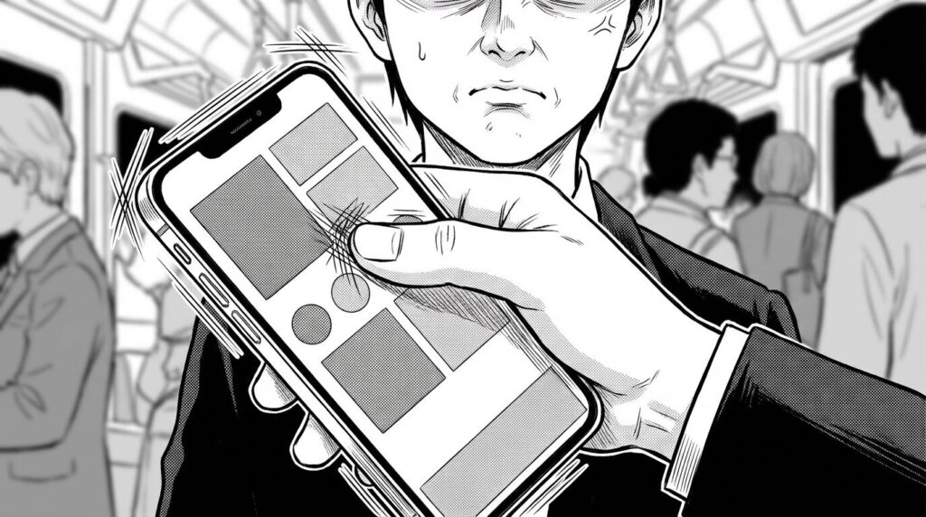 スマホ画面上のハンバーガーメニューをタップしようとして、反応が悪くてイライラしているユーザーの手元の線画イラスト