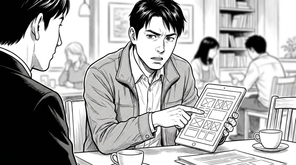 クライアントとの打ち合わせで、タブレットを見せながら「ここはこうした方が良い」と提案しているエンジニアの線画イラスト