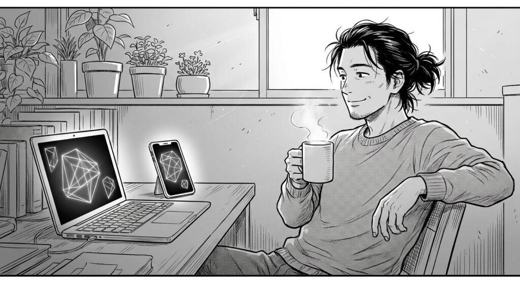 窓から入る光の中で、スマホとPCの両方に綺麗に表示されたサイトを見比べながら、満足げにコーヒーを飲んでいるエンジニアの線画イラスト