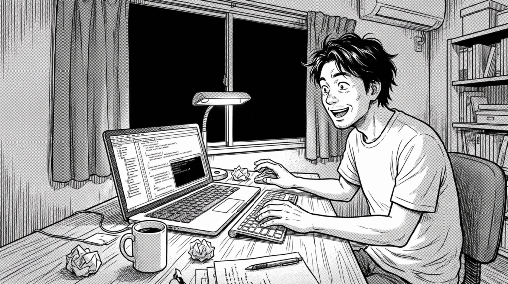 自宅のデスクでノートPCを開き、深夜にコードと格闘する40代男性の線画イラスト