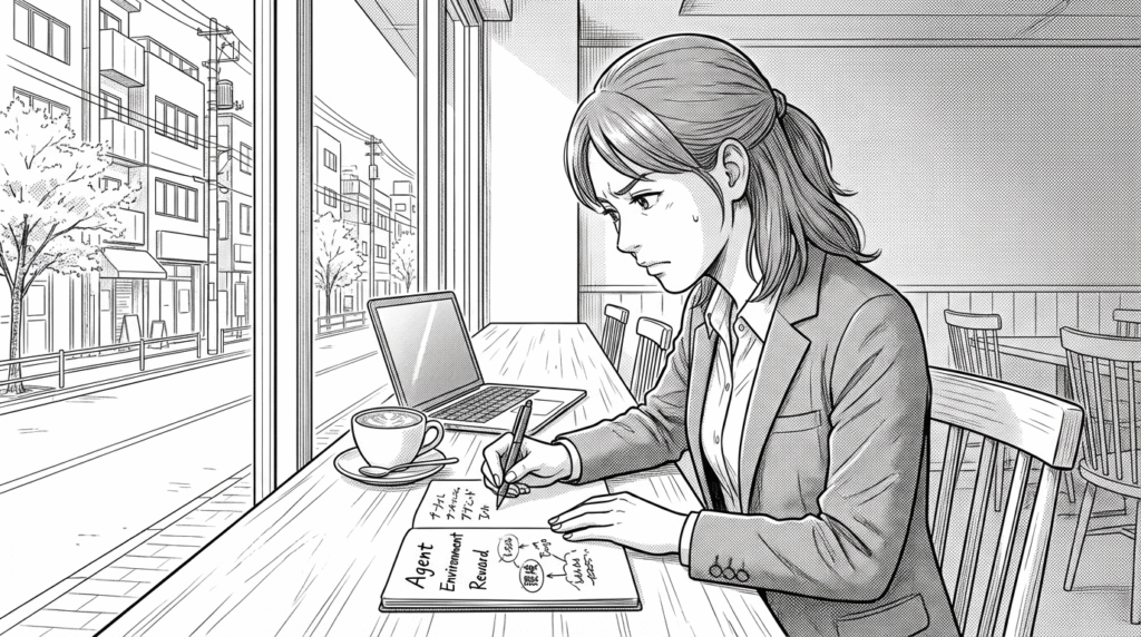 カフェでノートに強化学習の概念図を書きながら学習する30代女性の線画イラスト