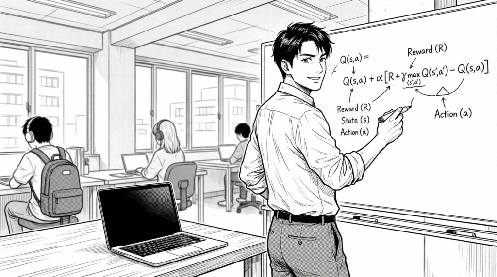 コワーキングスペースでホワイトボードにアルゴリズムを書きながら説明する様子の線画イラスト