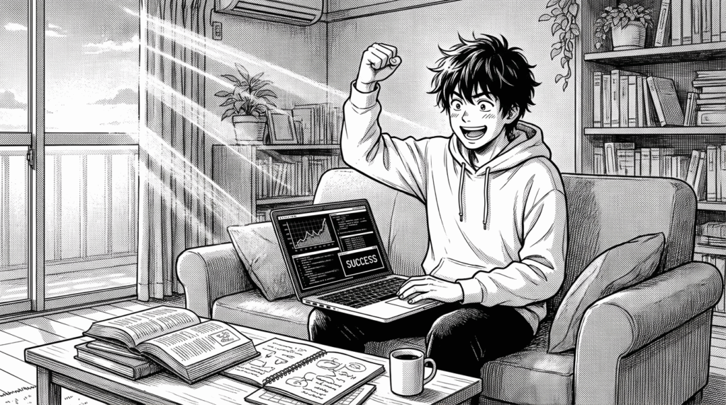 自宅でPythonコードを書きながら実装に成功して喜ぶ表情の線画イラスト