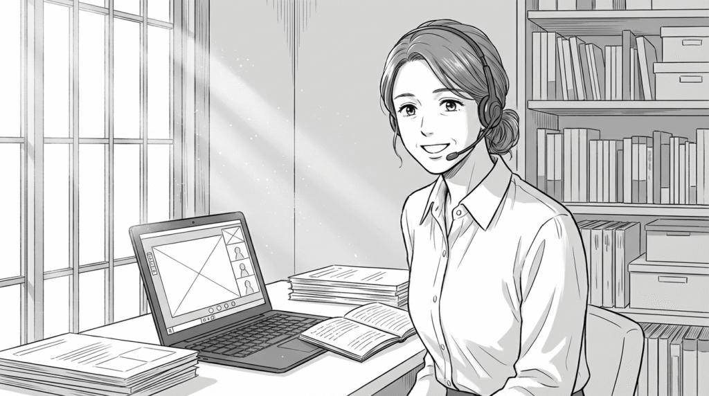 オンラインミーティングでクライアントと打ち合わせをする様子の線画イラスト