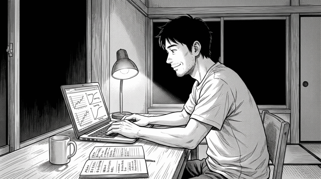 深夜、自宅でコードが動いて達成感を感じる表情の線画イラスト