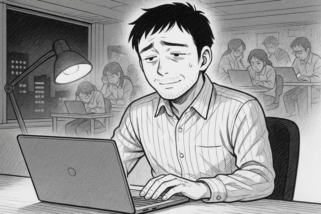 深夜のオフィスで、以前のネイティブ開発プロジェクトのデスマーチを思い出し、現在のクロスプラットフォーム開発の効率の良さに安堵する30代男性エンジニアの線画イラスト