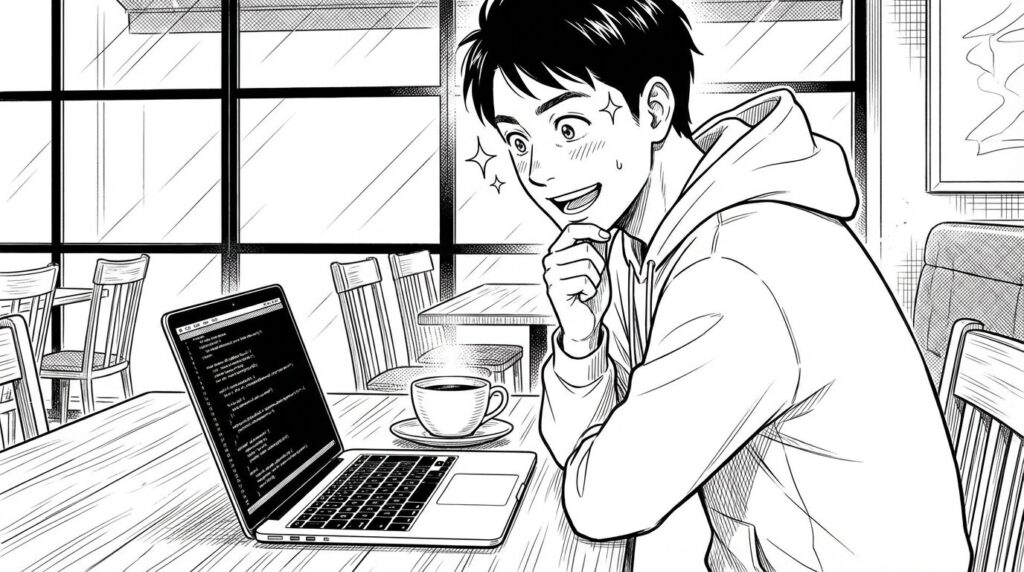 カフェでノートPCを開き、Reactの知識がそのままアプリ開発に使えることに気づき、目を輝かせて開発に没頭するエンジニアの線画イラスト