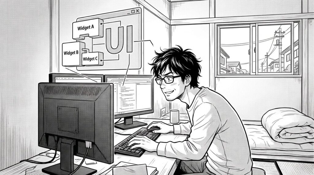 自宅の作業部屋で、FlutterのWidgetをパズルのように組み合わせて、複雑なUIがあっという間に完成していく様子に驚くエンジニアの線画イラスト