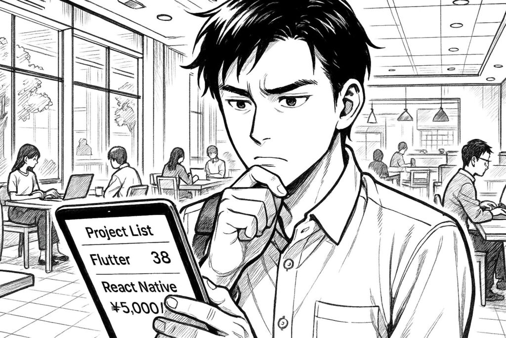 カフェでエージェントからの案件リストを見比べながら、Flutter案件の多さとReact Native案件の単価の高さに悩みつつも期待に胸を膨らませるエンジニアの線画イラスト