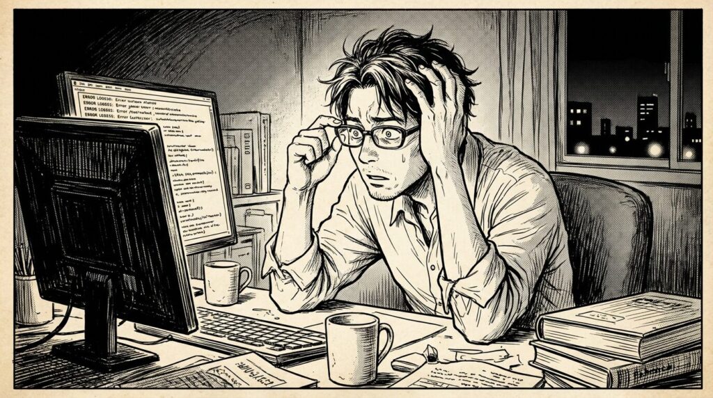 複数の画面を開き、ライブラリのバージョンエラーやOS固有のバグに頭を抱えつつも、解決策を必死に探しているエンジニアの線画イラスト