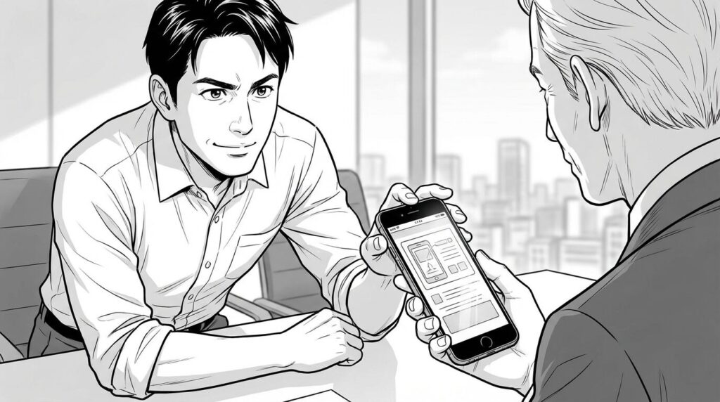 副業の面談で、自作のアプリが動いているスマホ画面をクライアントに見せ、自信に満ちた表情で「私が作りました」と提案しているエンジニアの線画イラスト