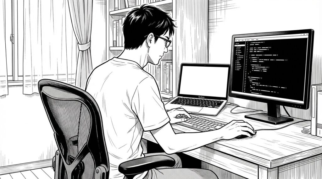 自宅のデスクでMacBookと外部モニターを開きVS Codeでコードを書いている様子の線画イラスト