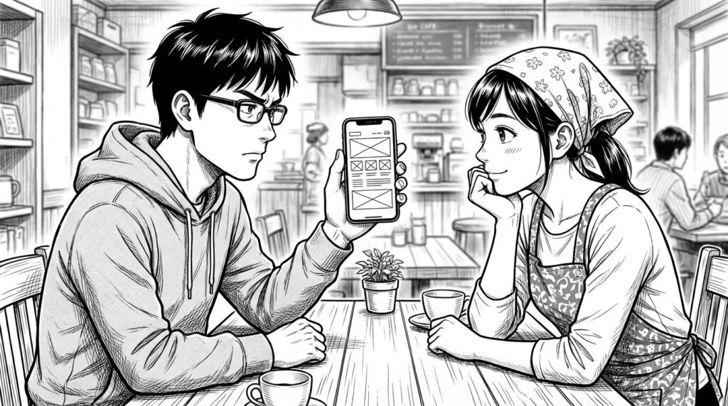 カフェで知人の店長にスマホ画面を見せながらWebサイトの改善案を提案している男性の線画イラスト