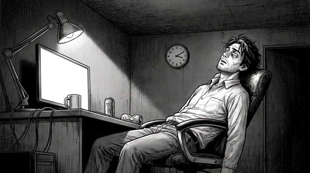 深夜の部屋で充血した目でPCに向かい初案件の納品作業を終えて達成感に浸る男性の線画イラスト