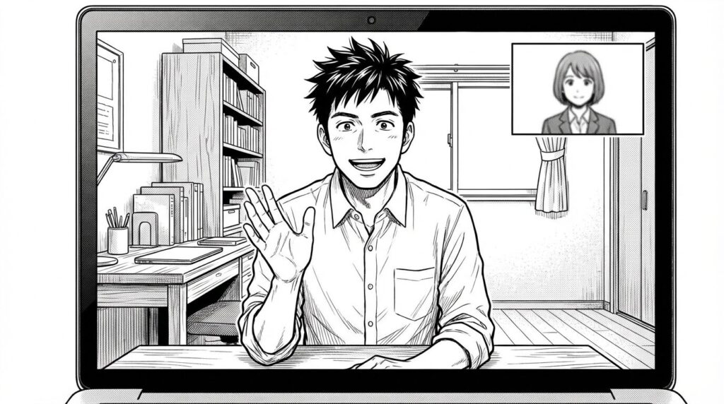 クライアントとのオンラインミーティングで笑顔で追加提案をしているエンジニアの線画イラスト