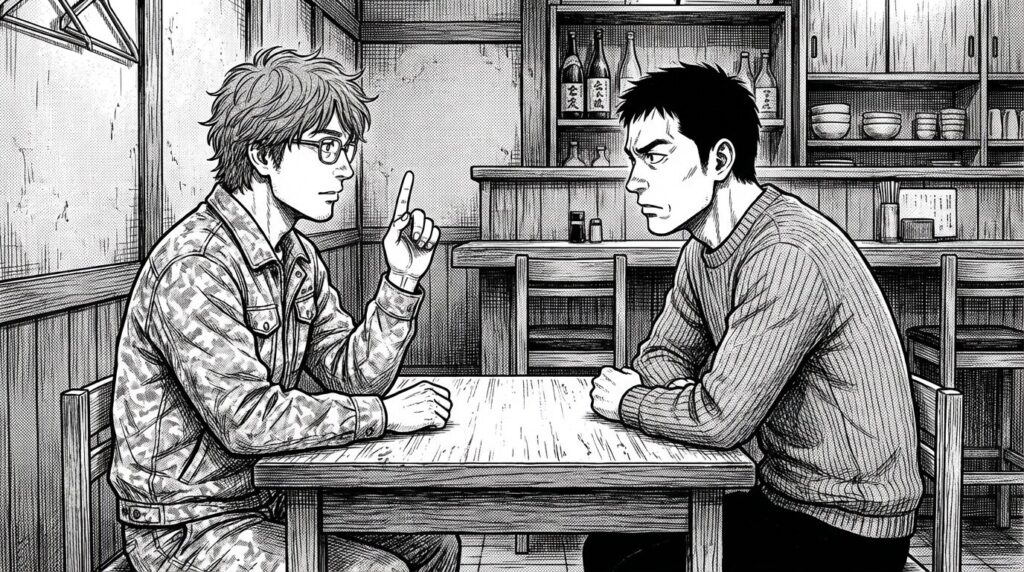 居酒屋で友人にプログラミング副業のポイントを熱心に説明しているエンジニアの線画イラスト