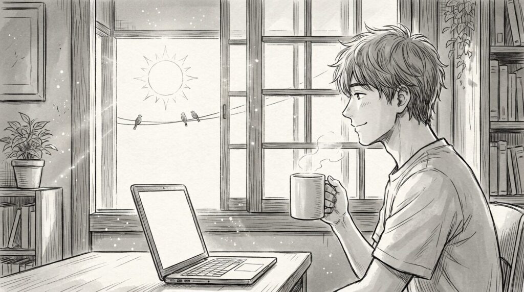 朝の光が差し込む窓辺でノートPCを開き新しい案件の着手を楽しみにしている男性の線画イラスト