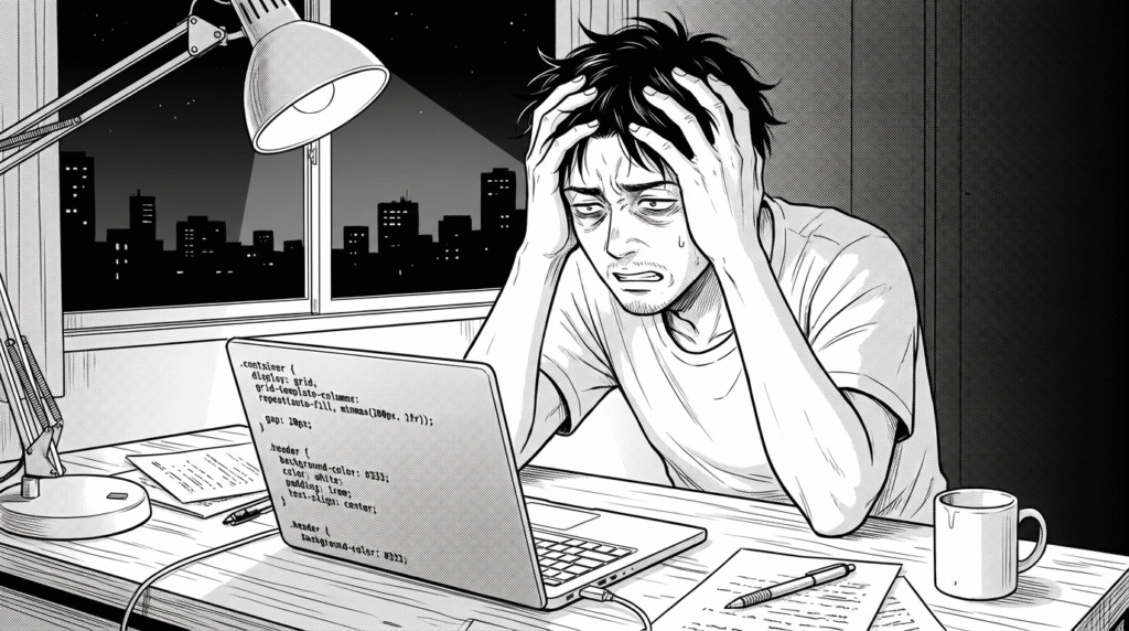 深夜のデスクで頭を抱えながらCSSコードと格闘する30代男性エンジニアの線画イラスト