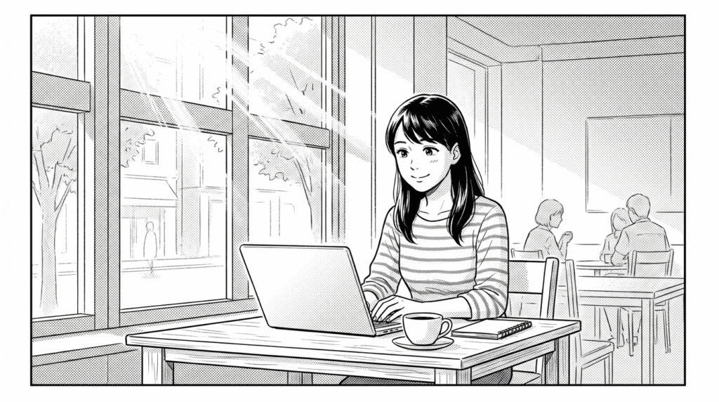 カフェでノートPCを開き、Sassのコードを書きながら満足げに微笑む20代女性の線画イラスト