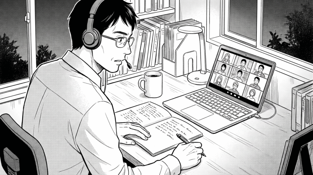 オンラインミーティングでクライアントと打ち合わせをしながらメモを取る40代男性の線画イラスト