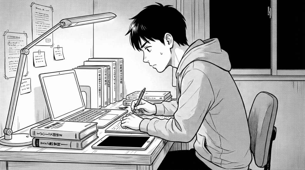 自宅のデスクで教材を見ながらコードを書く学習中の20代男性の線画イラスト