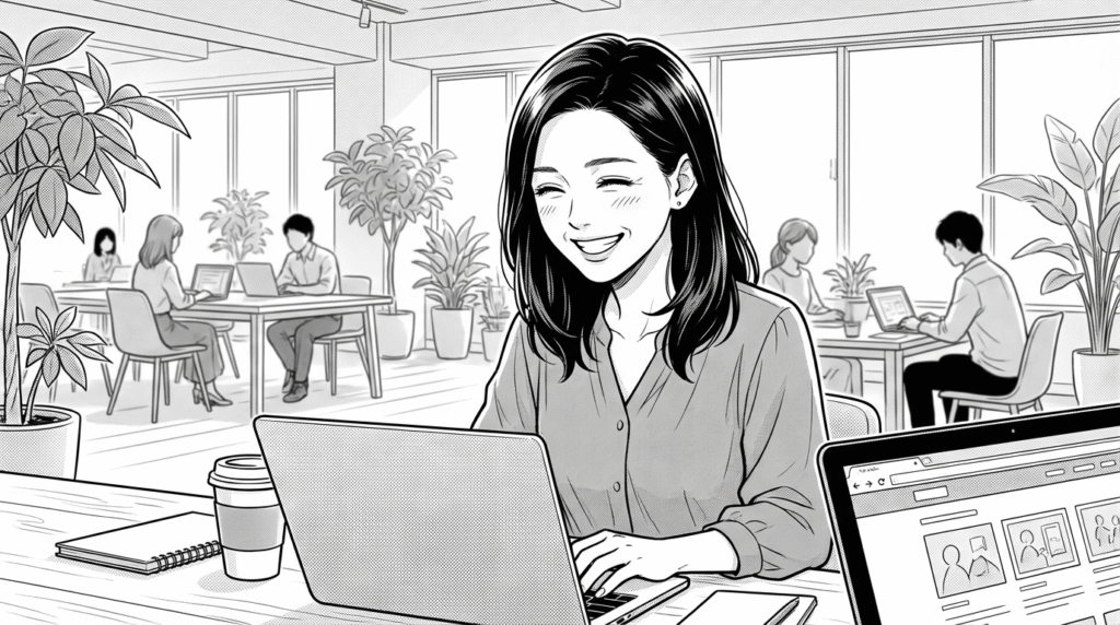コワーキングスペースでポートフォリオサイトを確認しながら笑顔の30代女性の線画イラスト